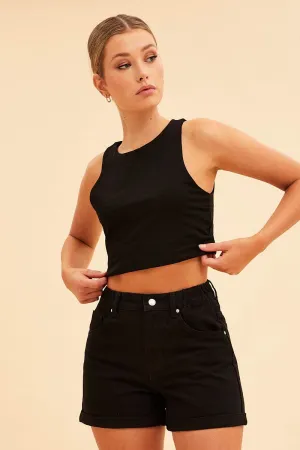 Black Essential Cotton Stretch Crop Tank Soft Hoodie