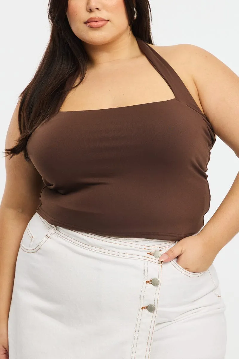 TaglessCollar Korean Fresh Brown Halter Neck Top Supersoft