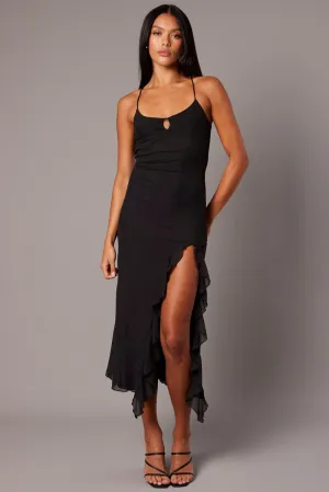 Black Bodycon Dress Sleeveless Ruffle Mesh Fashionable Look Dense Fit