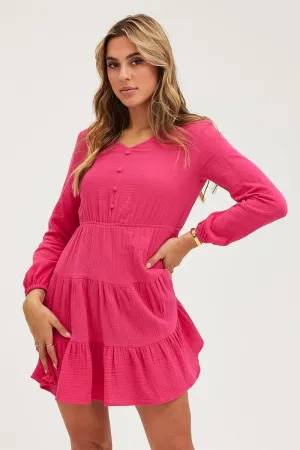 FrictionResistantFabric Pink Skater Dress Long Sleeve Mini
