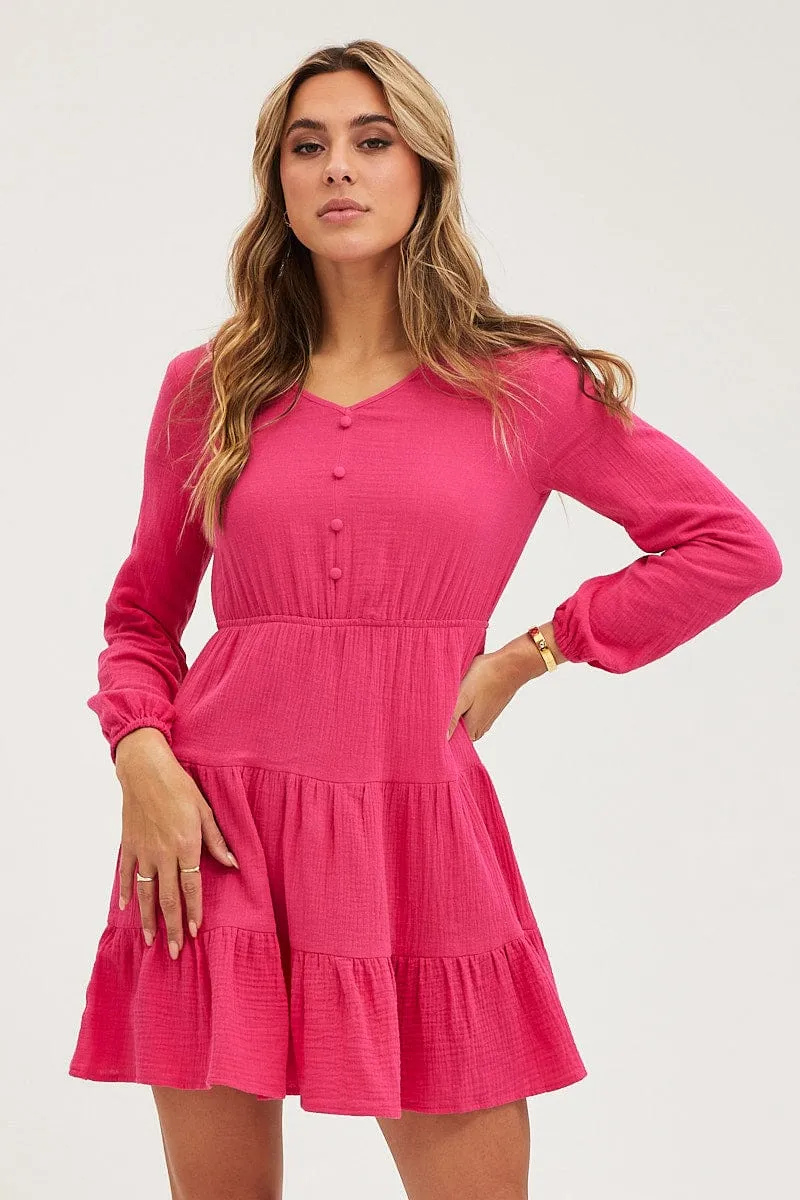 Reflective accents Pink Skater Dress Long Sleeve Mini
