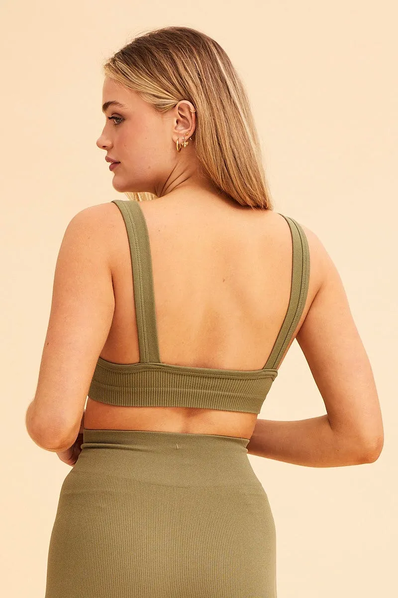 SmoothFinish Green Nico Seamless Rib Straight Neck Crop Top