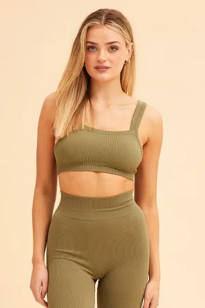 Green Nico Seamless Rib Straight Neck Crop Top Teacher Chic
