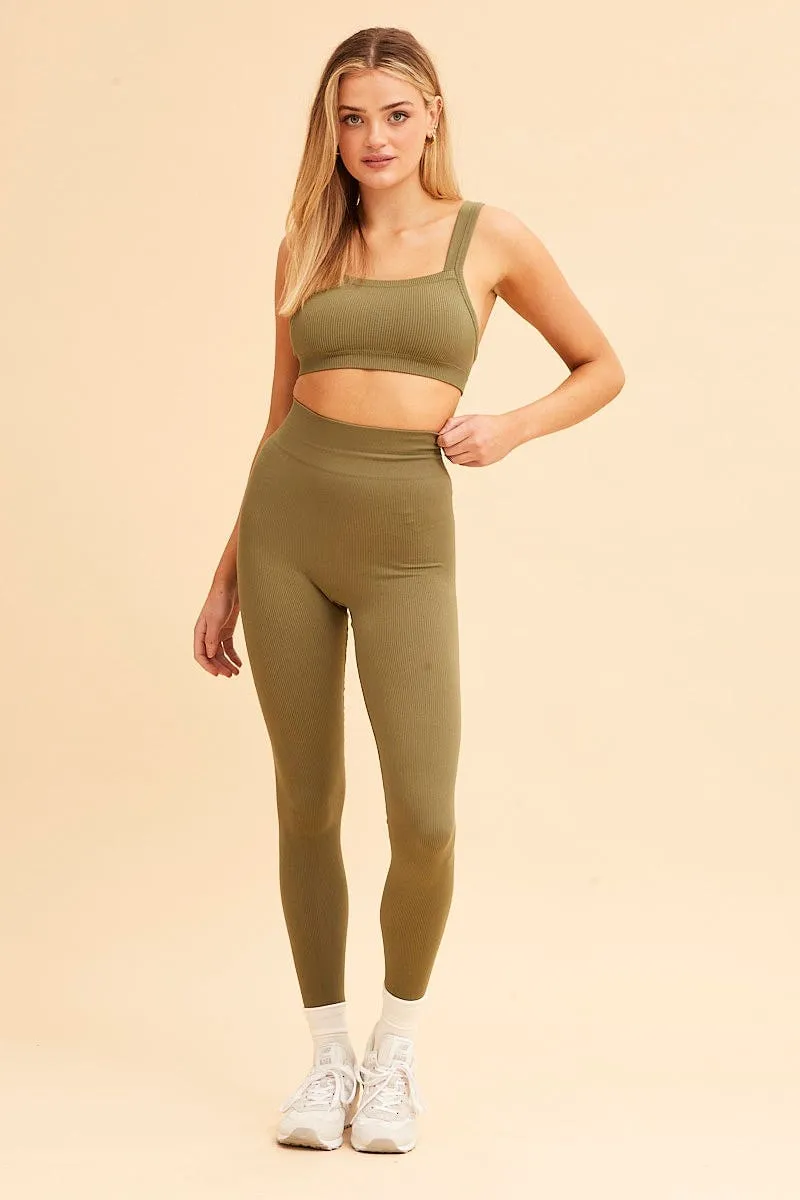 Graceful Design AdjustableWaistband Green Nico Seamless Rib Straight Neck Crop Top
