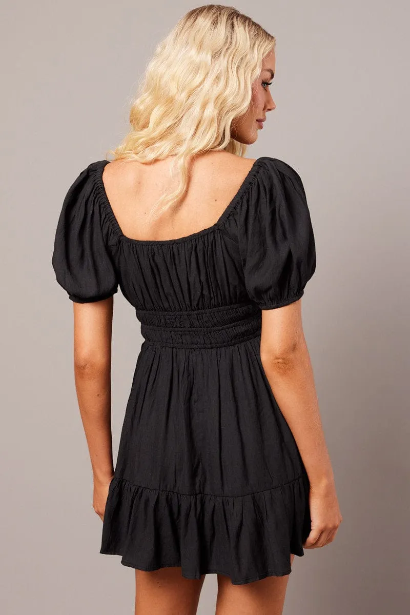 Black Fit And Flare Dress Puff Sleeve Mini Zero Waste