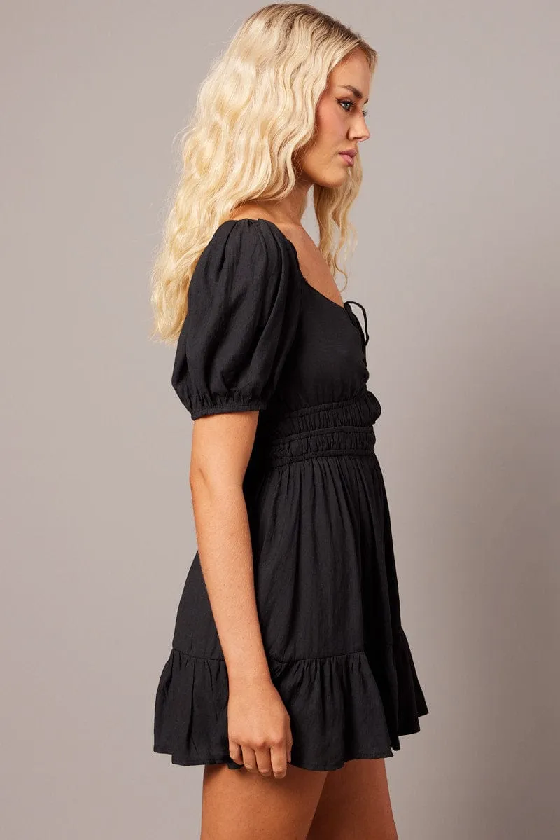Black Fit And Flare Dress Puff Sleeve Mini ComfortWaistband Snow Ready