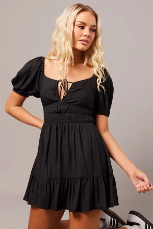 Net Fit Tough Core Black Fit And Flare Dress Puff Sleeve Mini