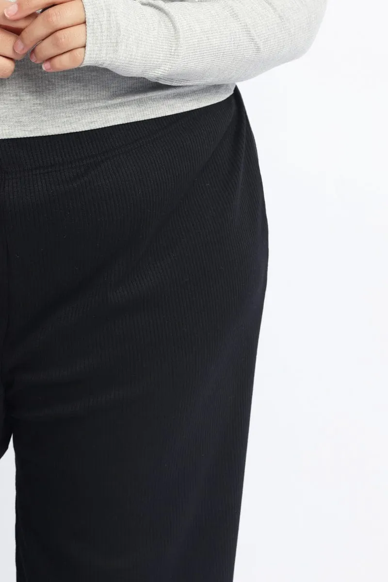 Black Rib Jersey Wide Leg Lounge Pants Roomy Fit