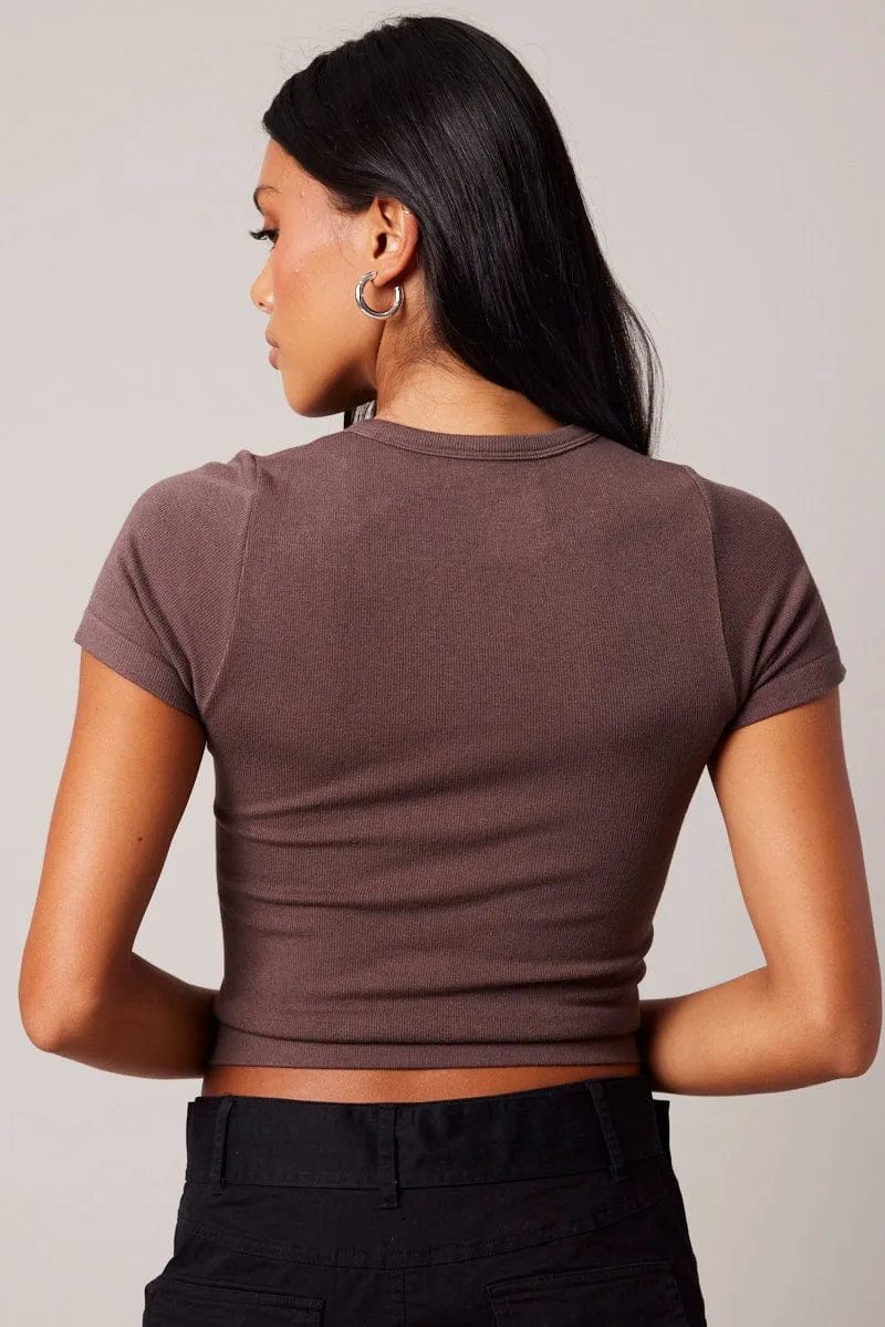 Raw Linen Brown T Shirt Short Sleeve Crew Neck Seamless