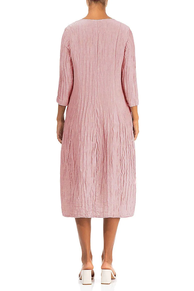 V-Neck Crinkled Powder Pink Silk Linen Dress LowBulkFabric
