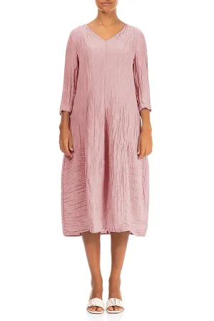 Forest Air V-Neck Crinkled Powder Pink Silk Linen Dress