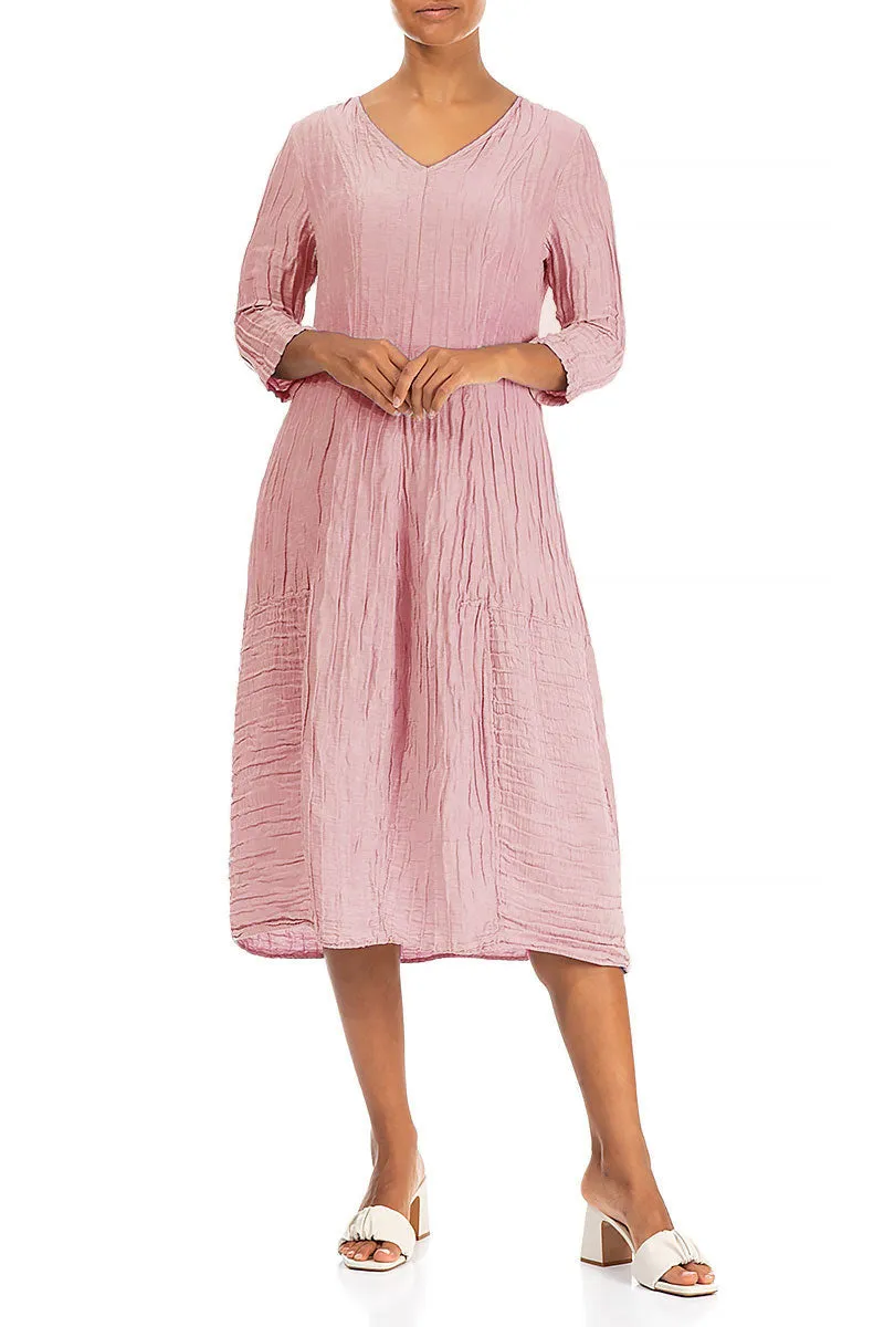 V-Neck Crinkled Powder Pink Silk Linen Dress FlexFitTechnology SoftTouchLining