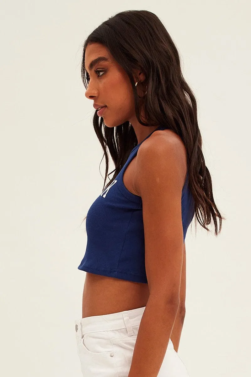 Planet Care Energy Flow Blue Tank Top Sleeveless Round Neck New York Print Rib