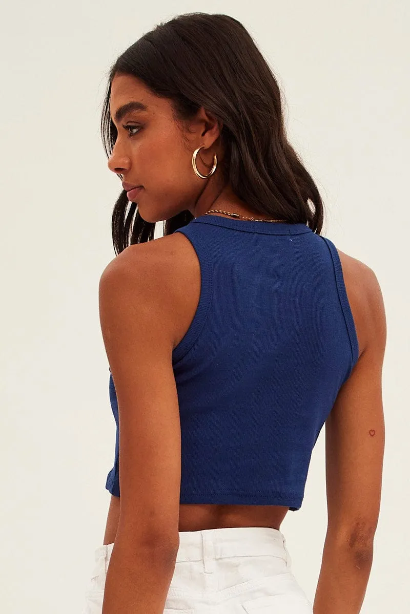 Desk Style Royal Ease Blue Tank Top Sleeveless Round Neck New York Print Rib