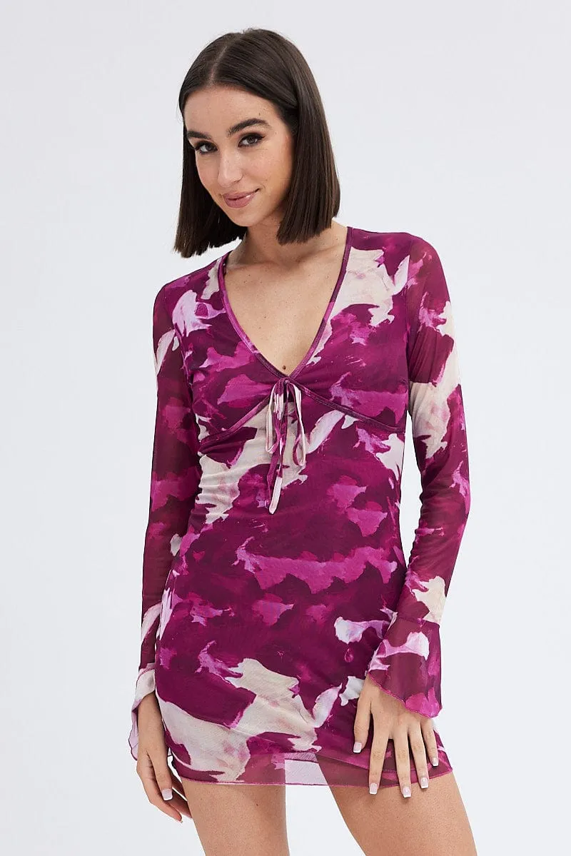 Pink Abstract Mesh Dress Long Sleeve Mini Everyday Style