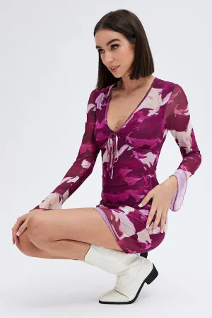 Pink Abstract Mesh Dress Long Sleeve Mini WrinkleFree Material