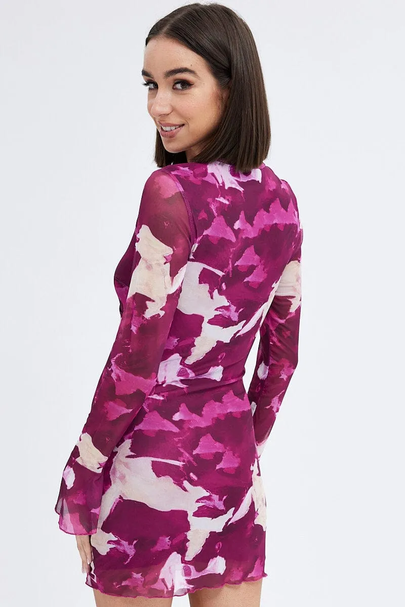 Pink Abstract Mesh Dress Long Sleeve Mini Travel Light