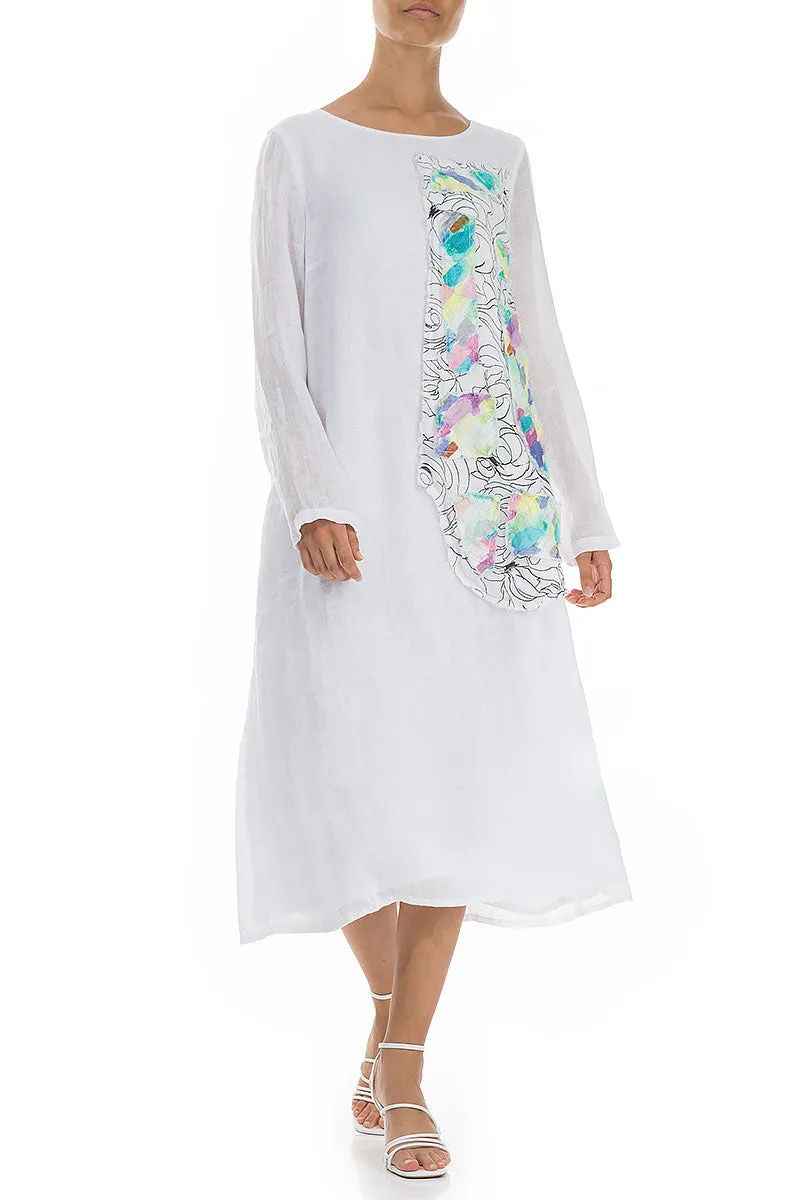 Printed Side Layered White Gauze Linen Dress Comfort Wear