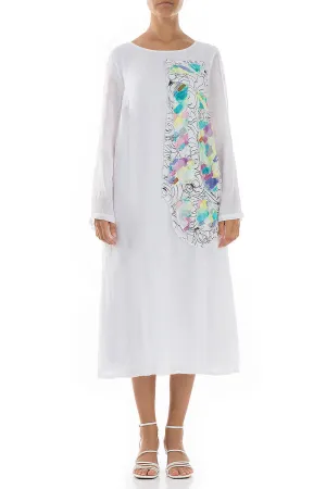 Ultraviolet Protection Printed Side Layered White Gauze Linen Dress