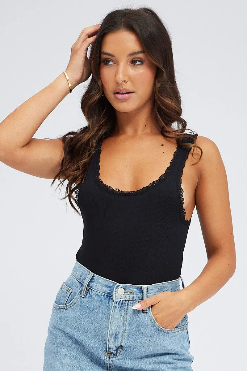 Black Tank Top Lace Trim Seamless Motion Core
