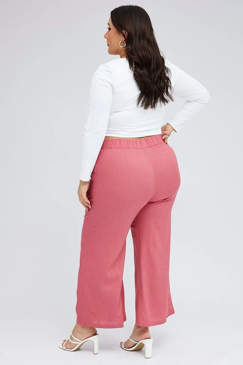 Boho chic Pink Wide Leg Pants Linen Blend Button Front