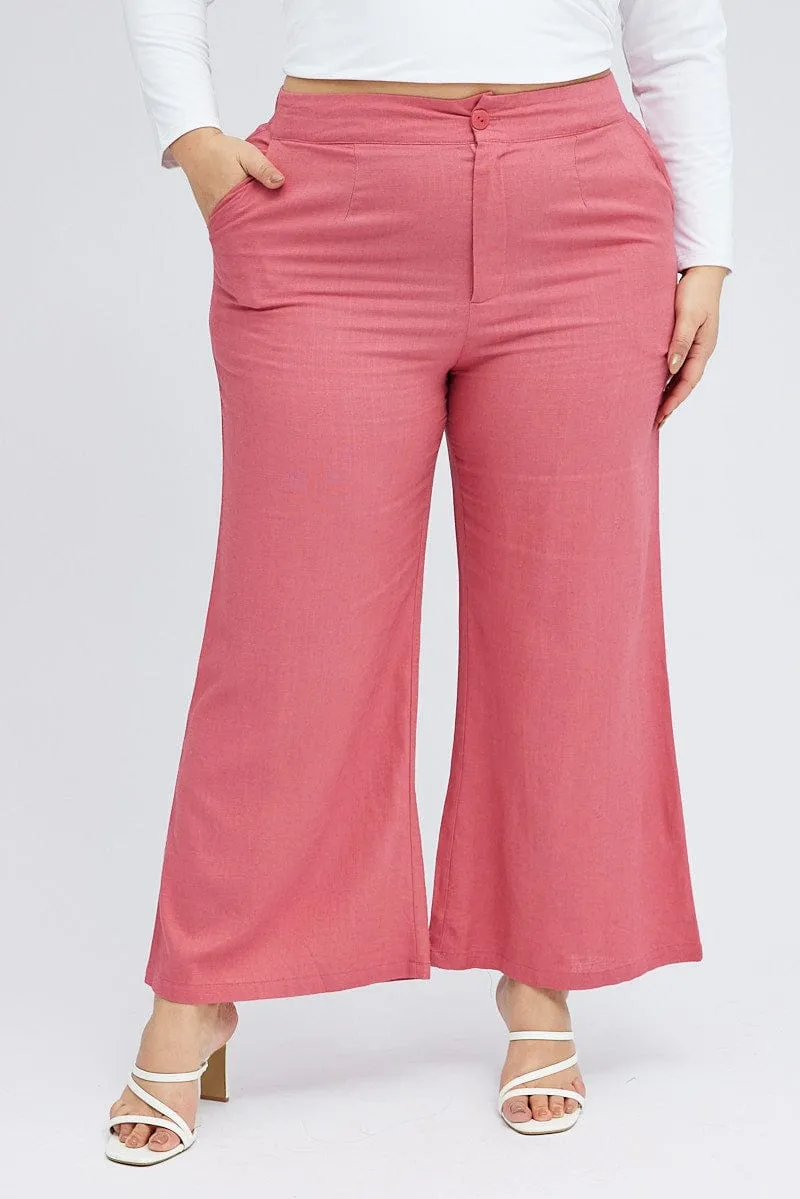 Chilly Weather Fit Functional Wear Pink Wide Leg Pants Linen Blend Button Front