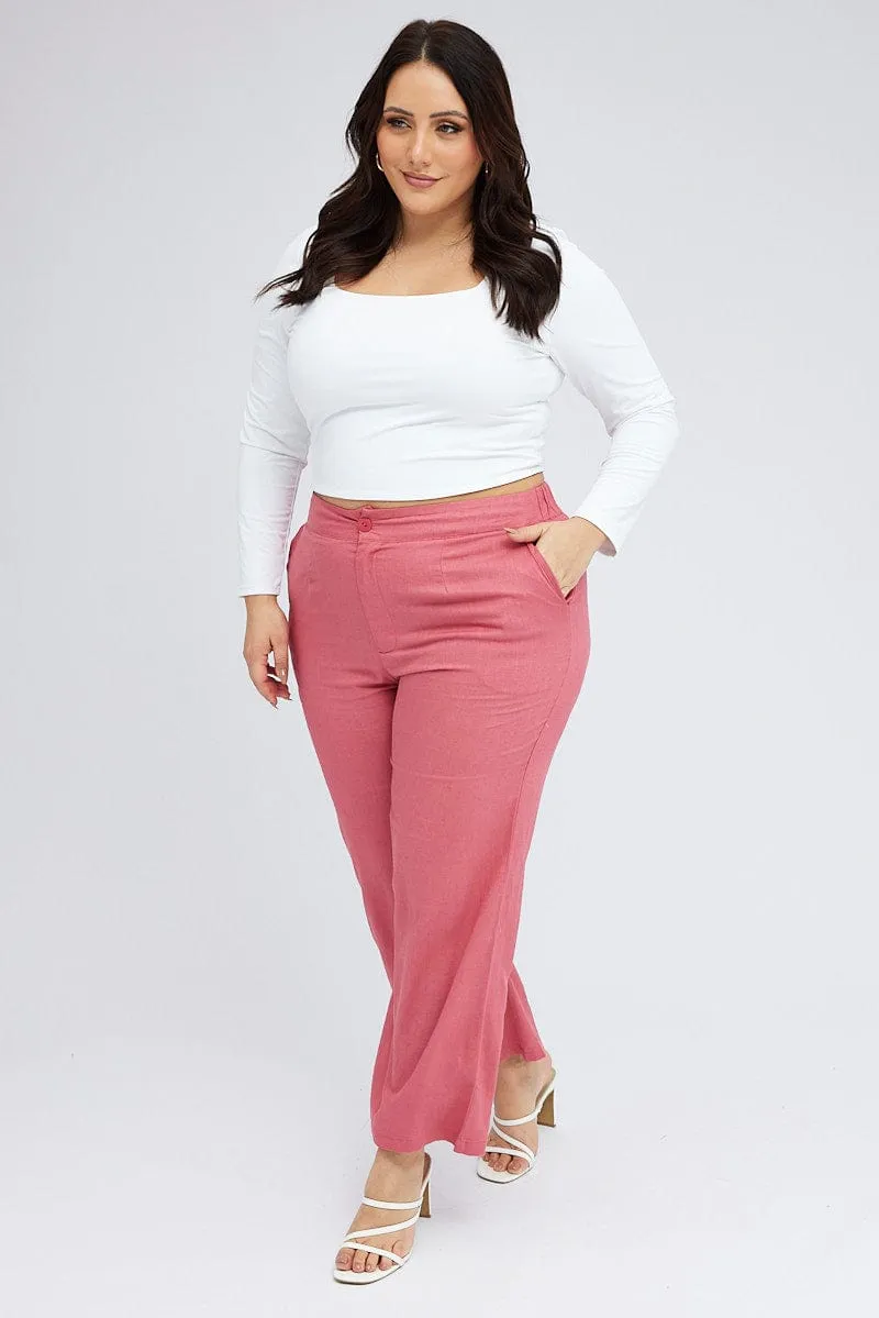 Pink Wide Leg Pants Linen Blend Button Front Training Comfort Cropped hem