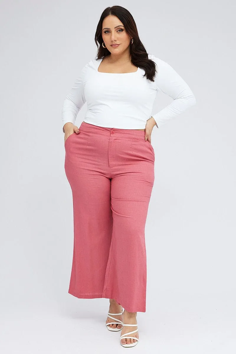 Pink Wide Leg Pants Linen Blend Button Front Reinforced Pockets