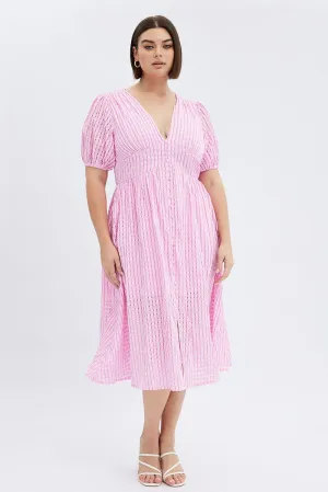 Season Proof Confident Girl Pink Midi Dress Short Puff Sleeve Check