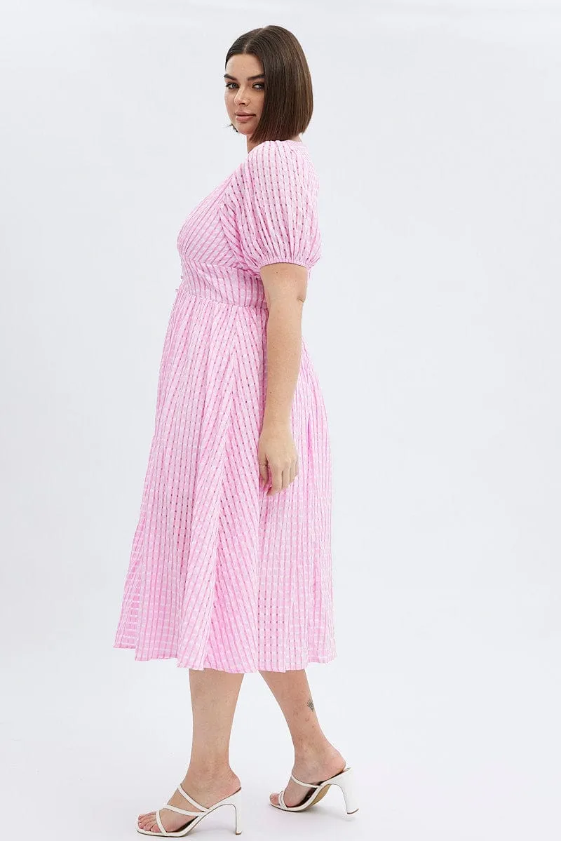 Pink Midi Dress Short Puff Sleeve Check Casual Fashion Field Glow
