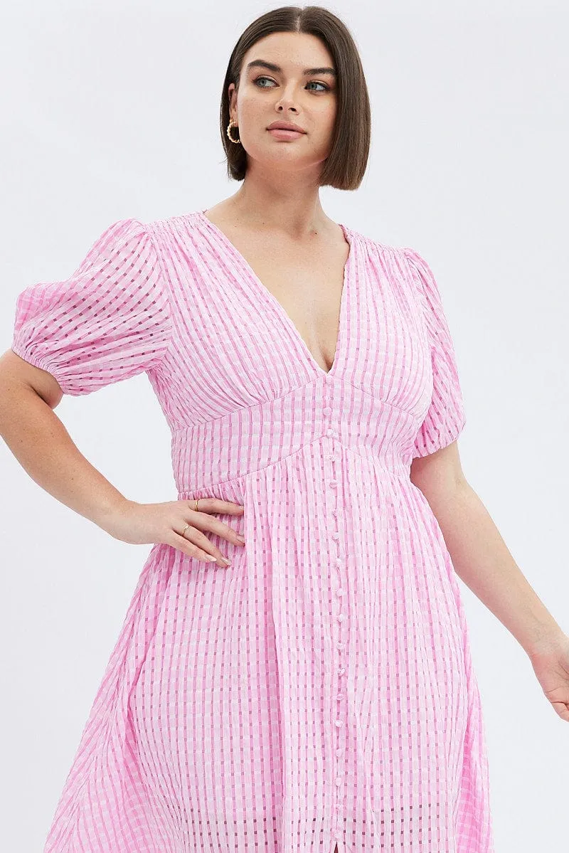Pink Midi Dress Short Puff Sleeve Check Smart Chic Style Contemporary Wear
