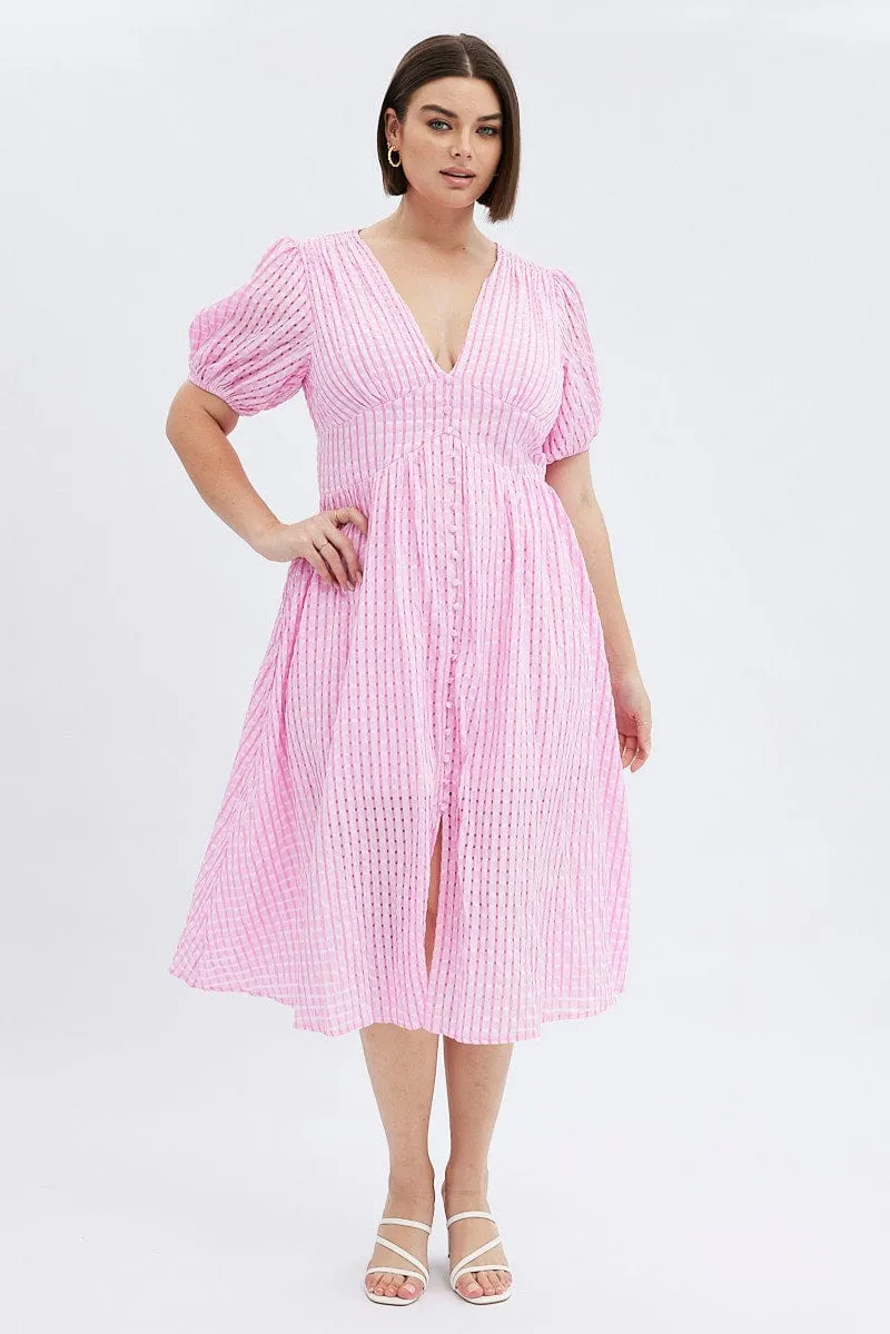 Pink Midi Dress Short Puff Sleeve Check Trendy Comfort Coastal Path
