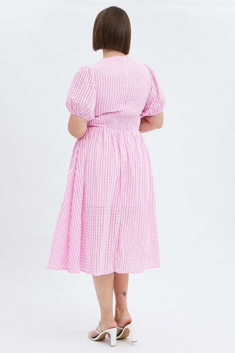 Pink Midi Dress Short Puff Sleeve Check Versatile midi dress with pockets