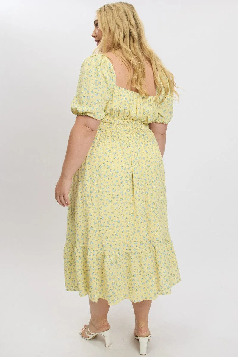 Style Easy Yellow Ditsy Midi Dress Short Sleeve Ruched