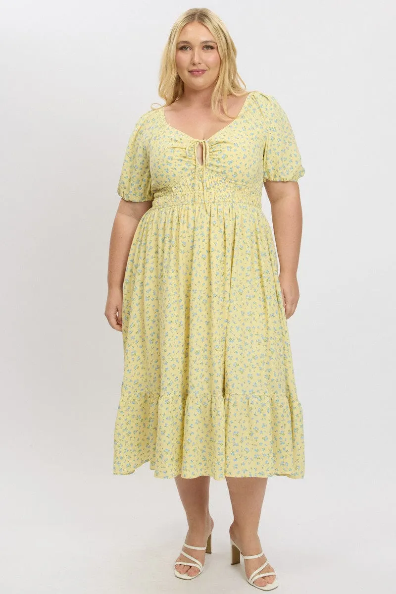 Lavender Hill Resort Stay Yellow Ditsy Midi Dress Short Sleeve Ruched