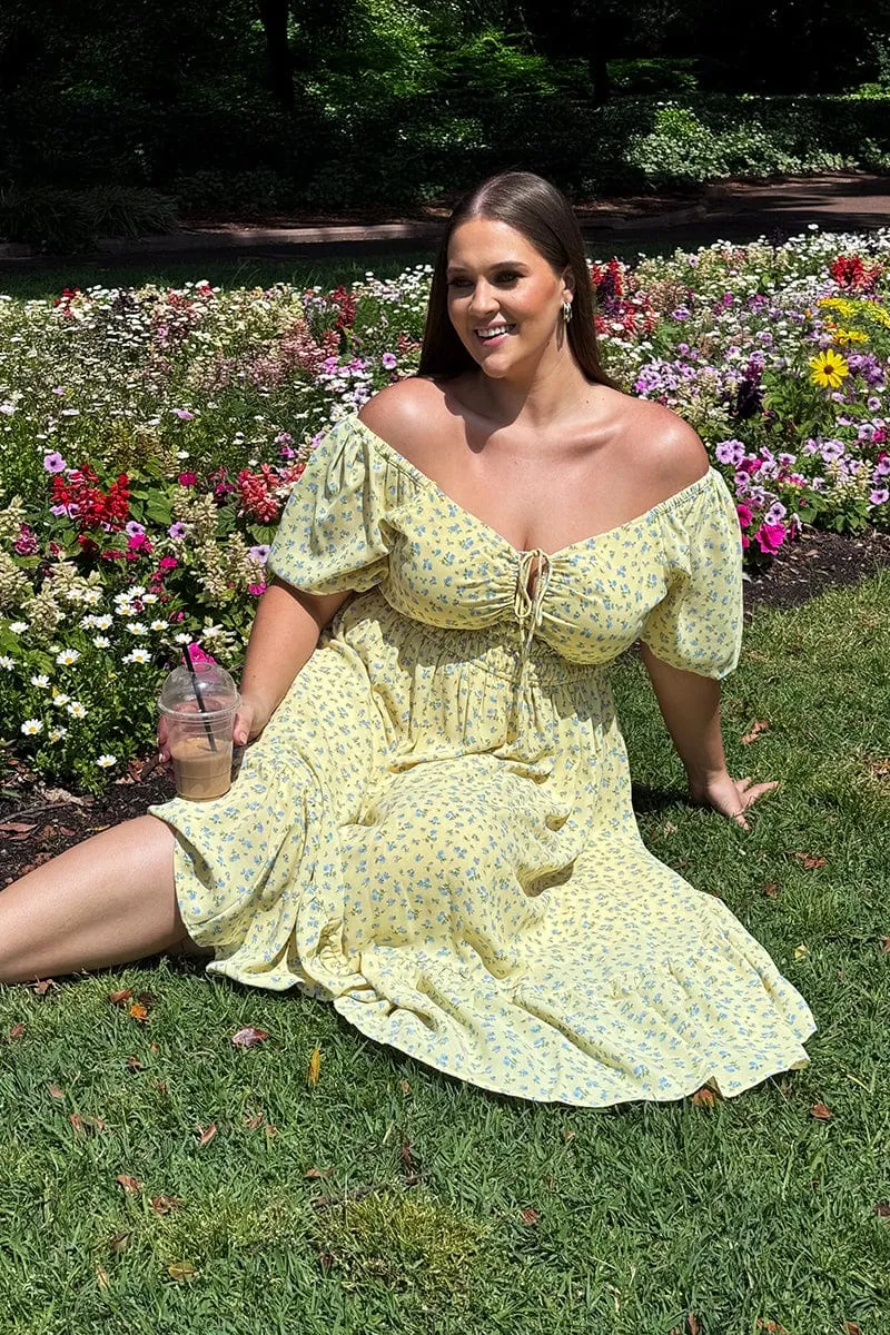 Yellow Ditsy Midi Dress Short Sleeve Ruched Dinner Date