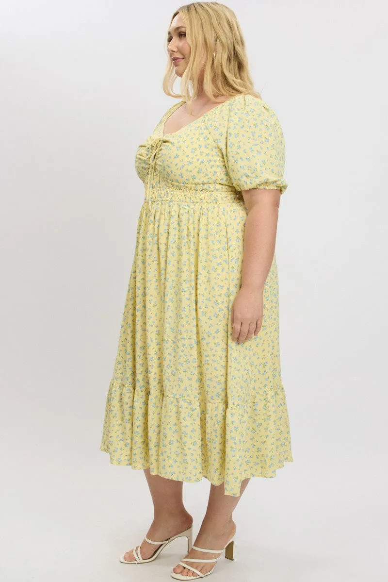 Yellow Ditsy Midi Dress Short Sleeve Ruched All-Season Style Elegant Silhouette