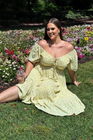 Yellow Ditsy Midi Dress Short Sleeve Ruched Dinner Date