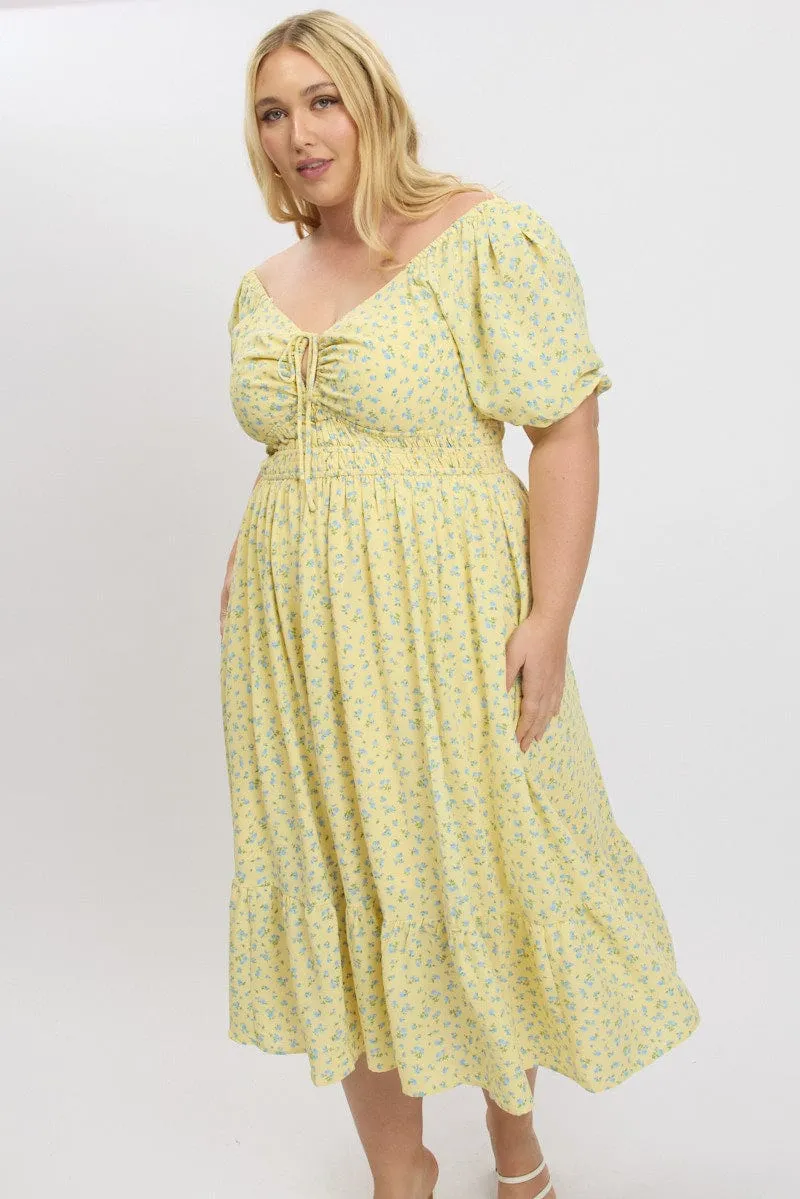 Yellow Ditsy Midi Dress Short Sleeve Ruched Relaxed Design