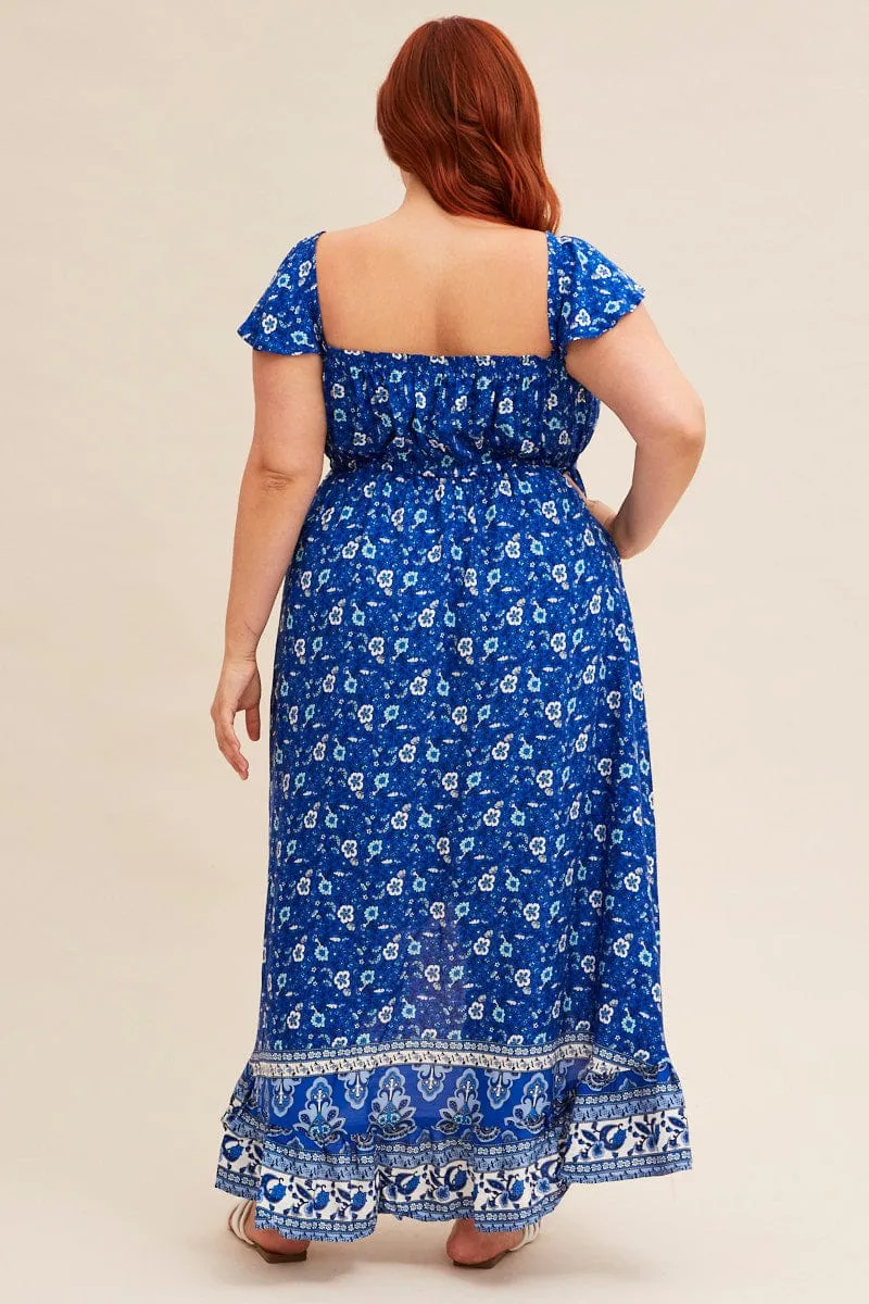 Blue Boho Midi Dress Sort Sleeve Ruffle Elegant Appearance