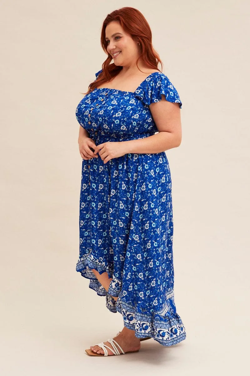 Comfort Fit Blue Boho Midi Dress Sort Sleeve Ruffle