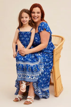 summer breeze Workday Cool Blue Boho Midi Dress Sort Sleeve Ruffle