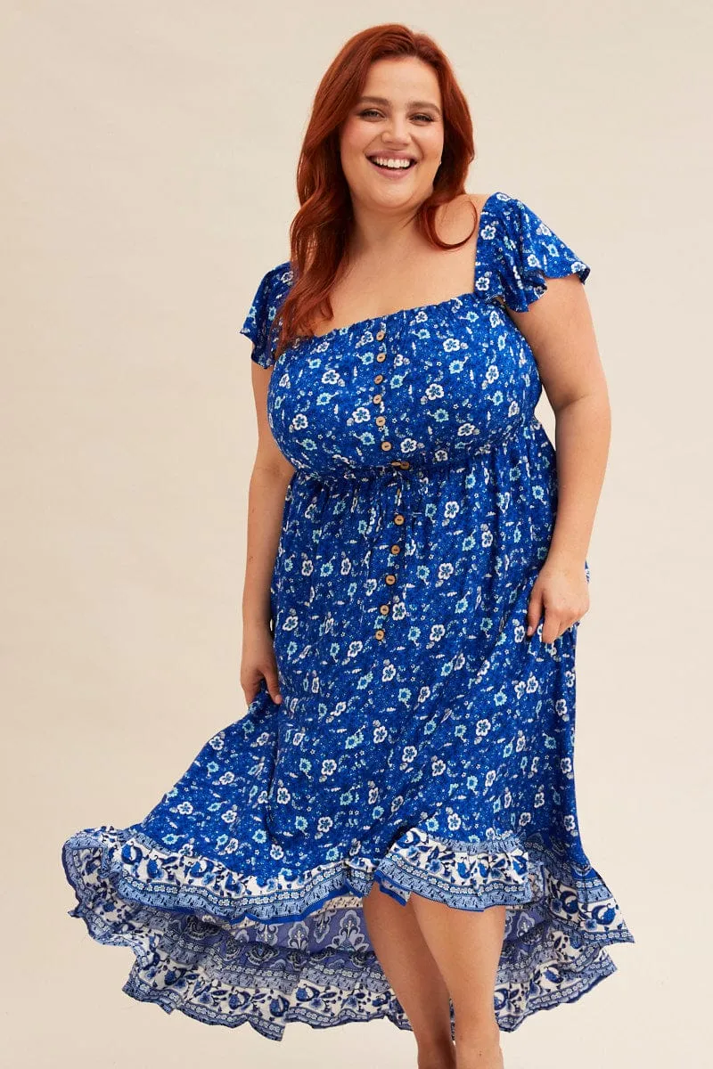Vibrant Comfort Smart Wardrobe Blue Boho Midi Dress Sort Sleeve Ruffle