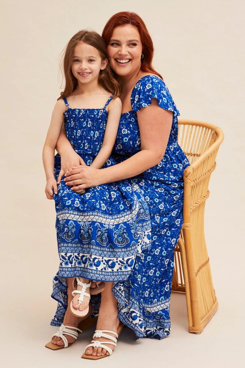 summer breeze Workday Cool Blue Boho Midi Dress Sort Sleeve Ruffle