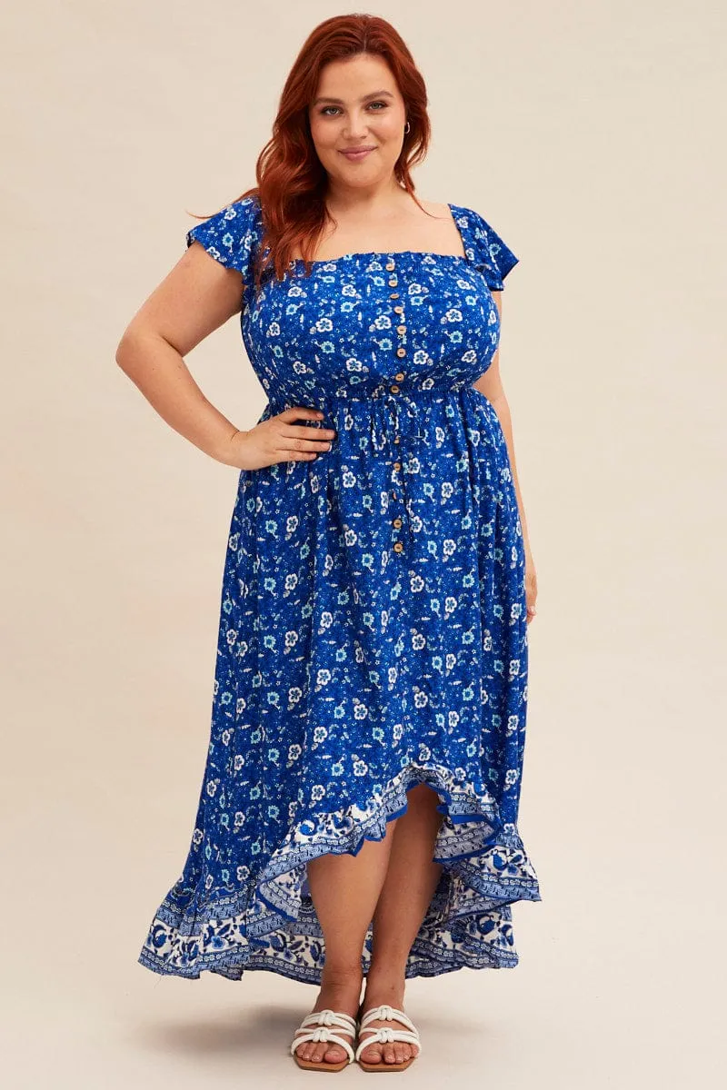 Blue Boho Midi Dress Sort Sleeve Ruffle Relaxed Appearance Coastal Granny