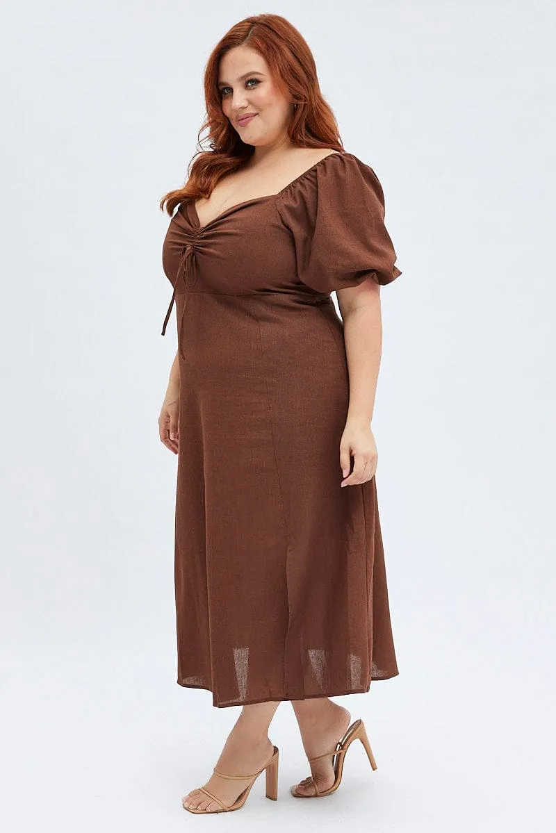 Rust Midi Dress Fitted Drawstring Front Puff Sleeve Classy Appearance Flattering dress for all body shapes