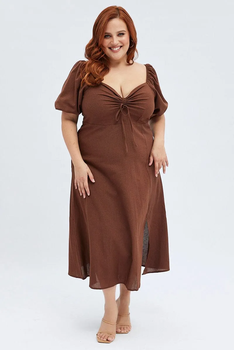 Stylish semi-formal dress All Day Elegance Rust Midi Dress Fitted Drawstring Front Puff Sleeve