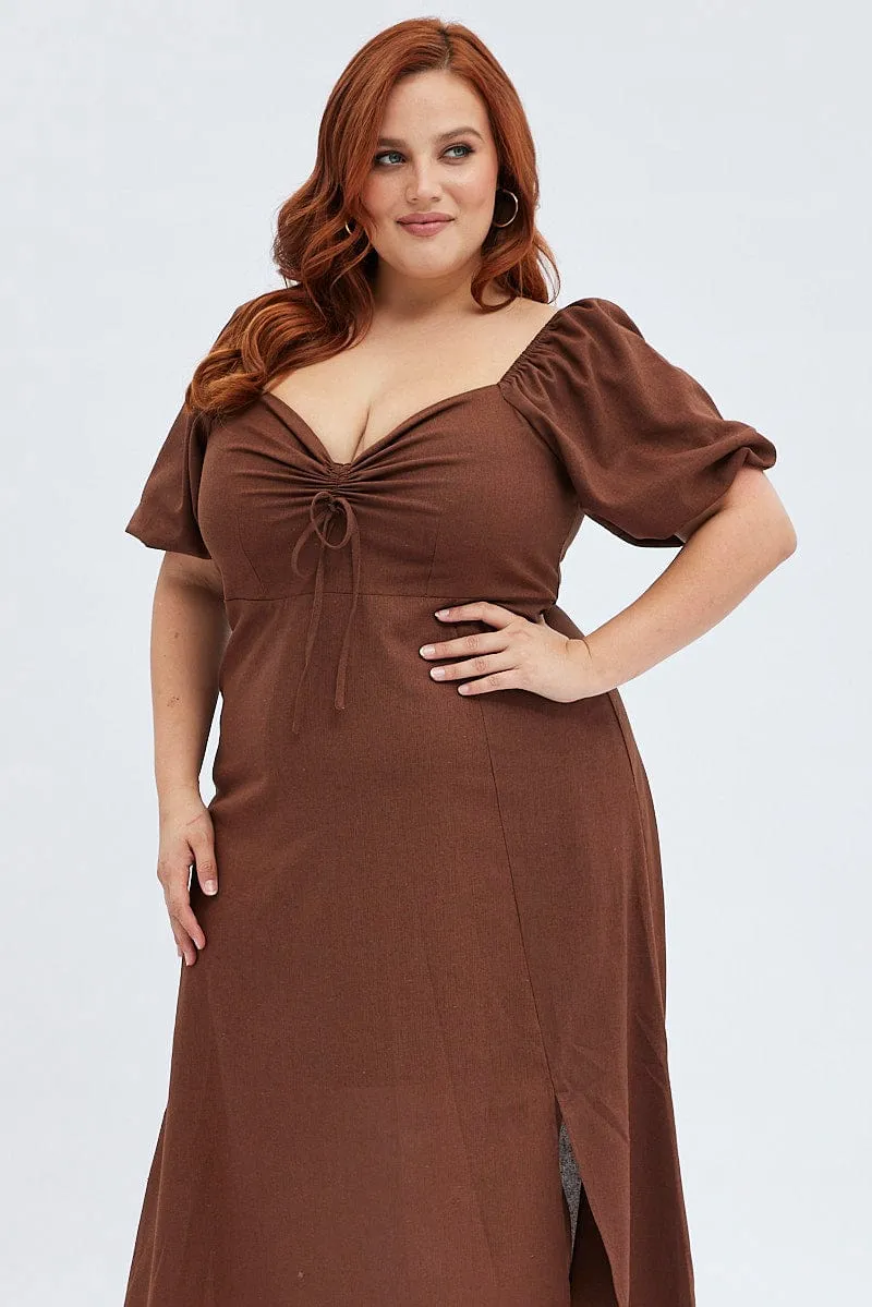 All Day Elegance Rust Midi Dress Fitted Drawstring Front Puff Sleeve