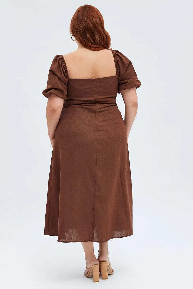 Rust Midi Dress Fitted Drawstring Front Puff Sleeve Lightweight and breezy gown