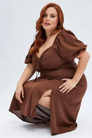 Rust Midi Dress Fitted Drawstring Front Puff Sleeve Cozy Elegance Friend Wedding